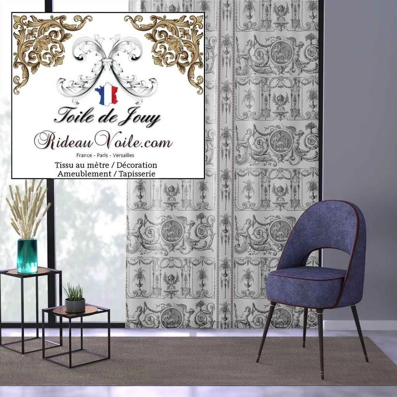 Boutique tissu ameublement Toile de Jouy imprimé ornement mètre rideau