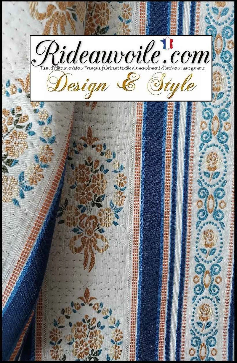 Tissu ameublement tissage ancien vintage rayures fleuries bleu mètre rideau