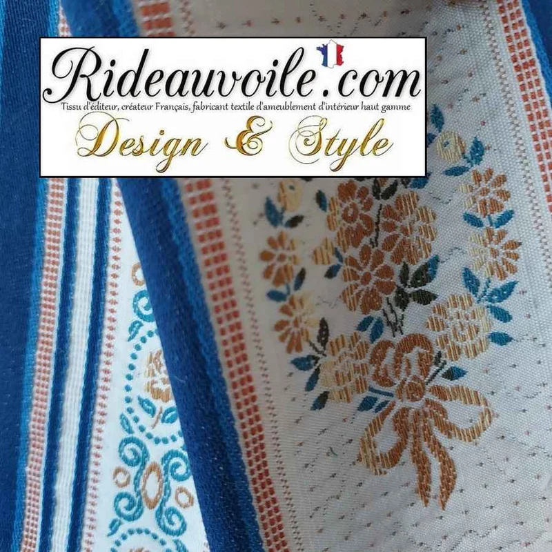 Tissu ameublement tissage ancien vintage rayures fleuries bleu mètre rideau