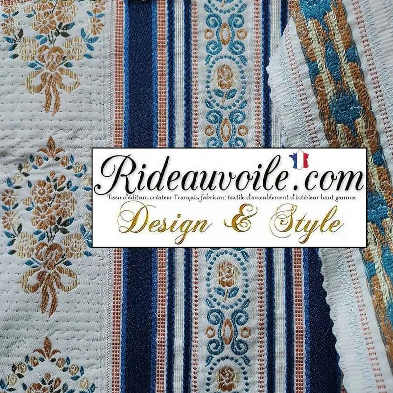 Tissu ameublement tissage ancien vintage rayures fleuries bleu mètre rideau
