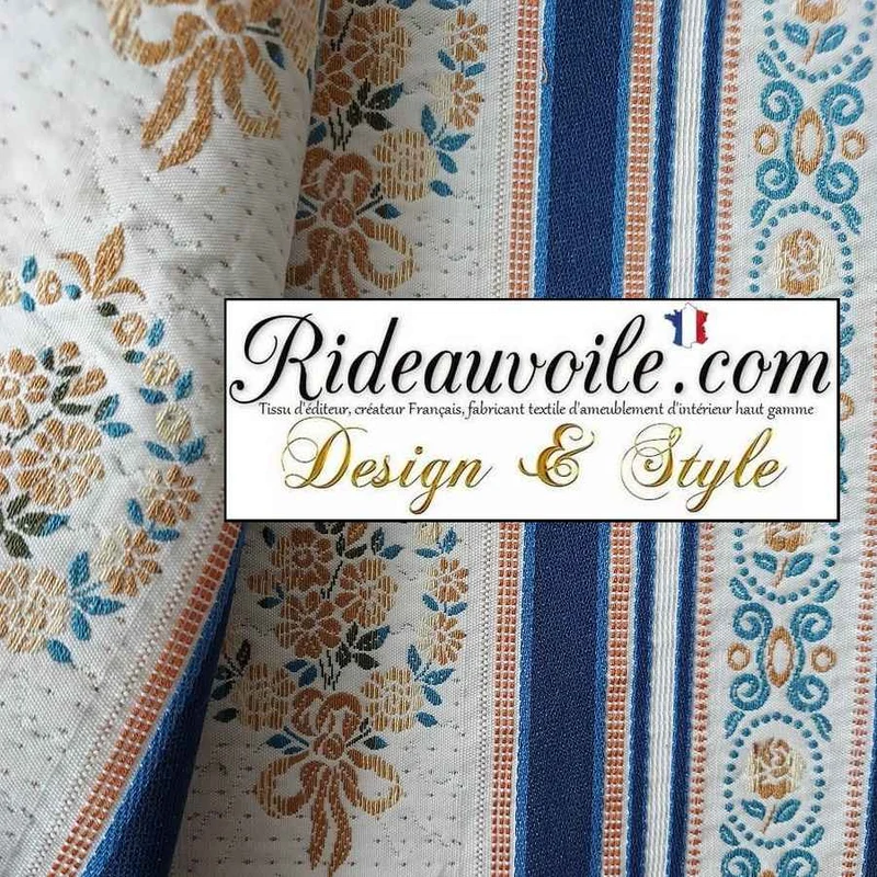 Tissu ameublement tissage ancien vintage rayures fleuries bleu mètre rideau