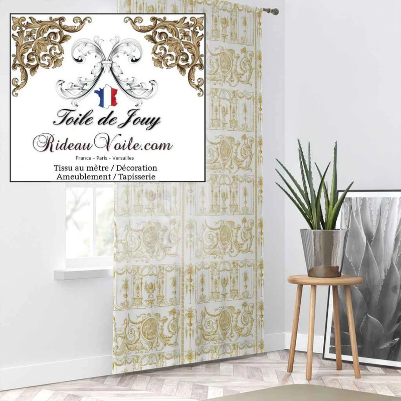 Décoration tissu Toile de Jouy ameublement jaune ocre mètre rideau Paris