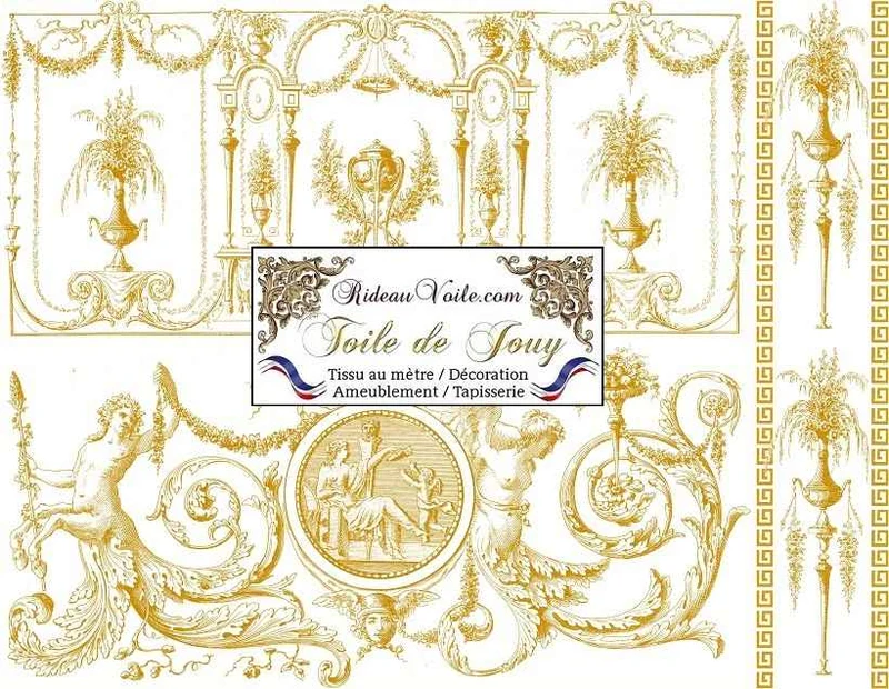 Décoration tissu Toile de Jouy ameublement jaune ocre mètre rideau Paris