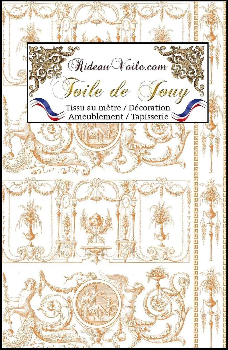 Boutique tissu imprimé Toile de Jouy coton orange ignifuge occultant mètre rideau