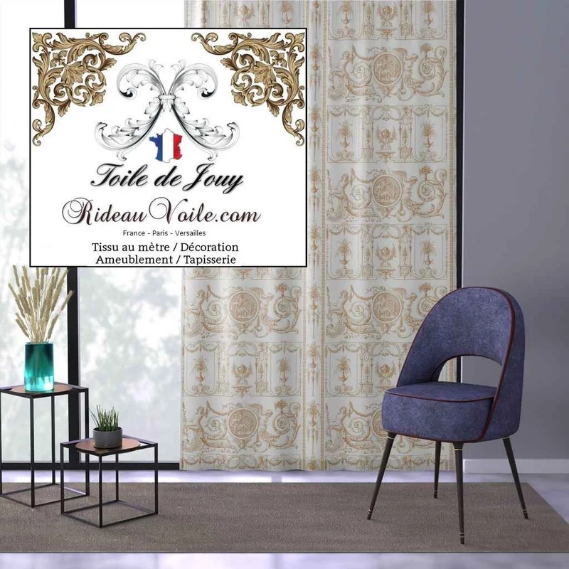 Boutique tissu imprimé Toile de Jouy coton orange ignifuge occultant mètre rideau