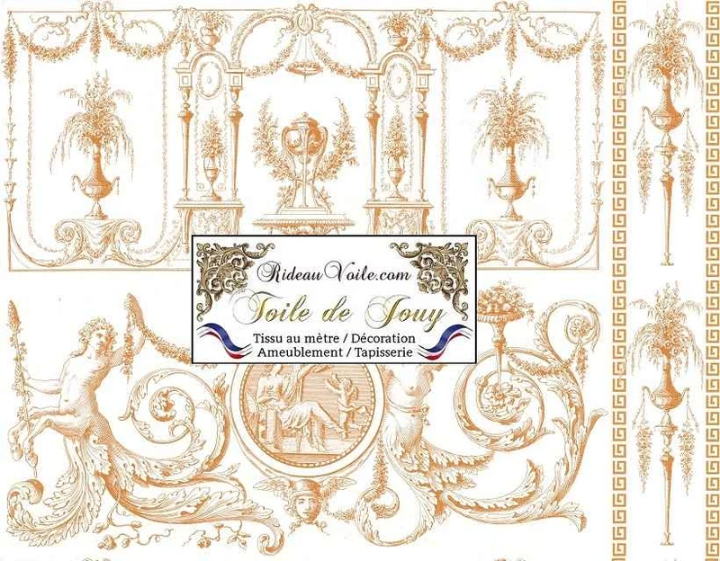 Boutique tissu imprimé Toile de Jouy coton orange ignifuge occultant mètre rideau