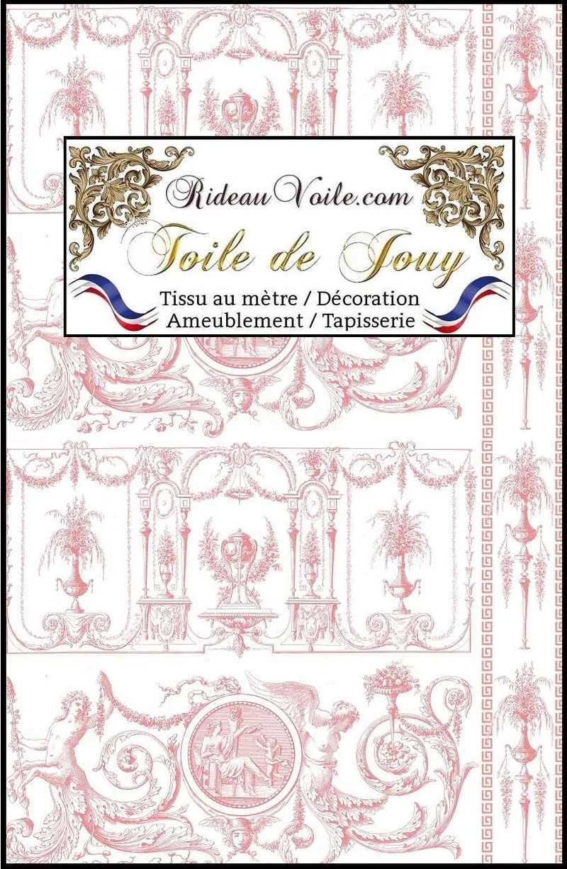 Boutique tissu imprimé Toile de Jouy coton rose ignifuge occultant mètre rideau