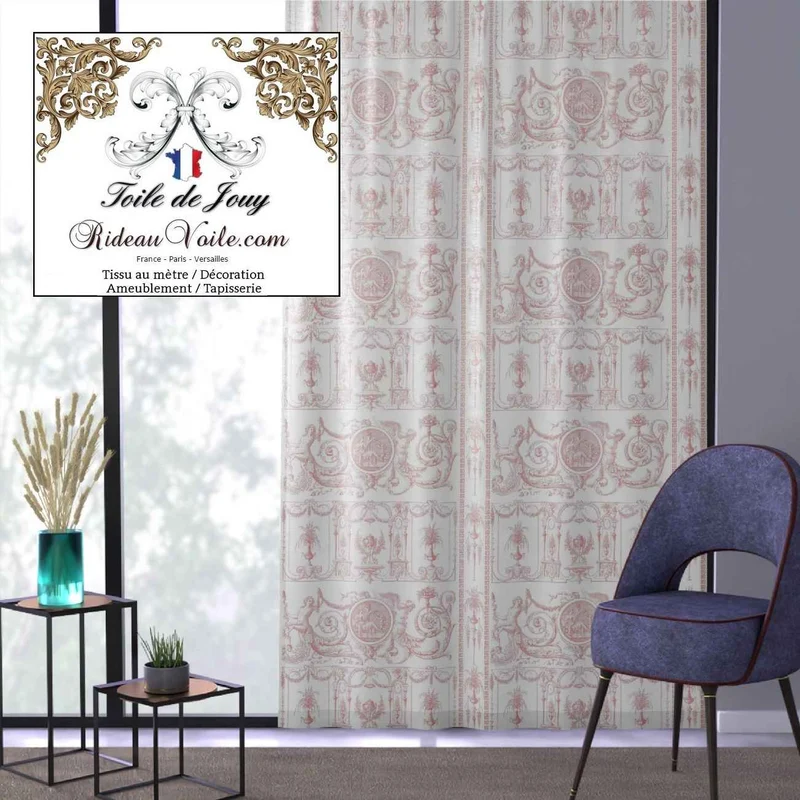 Boutique tissu imprimé Toile de Jouy coton rose ignifuge occultant mètre rideau