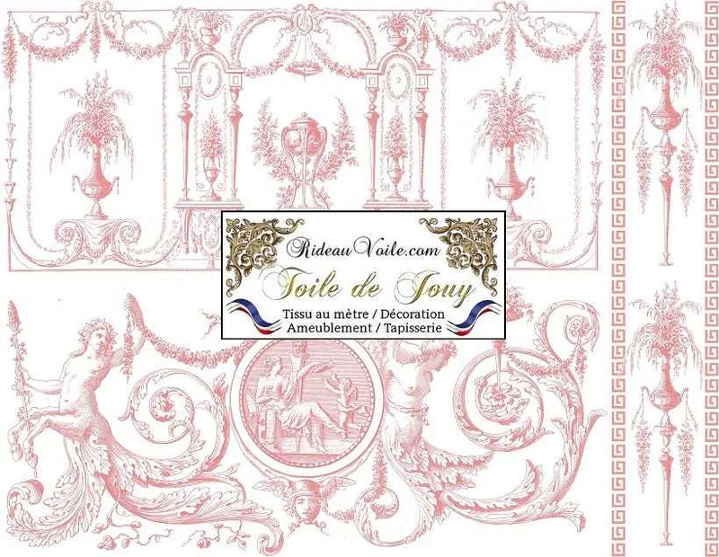 Boutique tissu imprimé Toile de Jouy coton rose ignifuge occultant mètre rideau