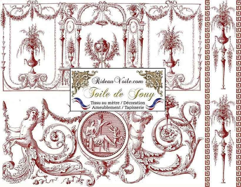 Boutique tissu Toile de Jouy ameublement rouge ignifuge occultant mètre rideau