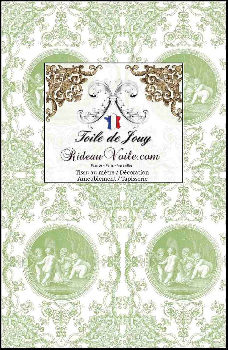 Tissu d'éditeur luxe Toile de Jouy Vert clair tilleul au mètre rideau voilage tapisserie