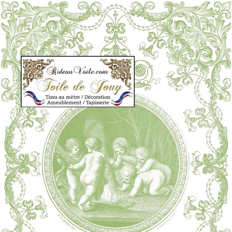Tissu d'éditeur luxe Toile de Jouy Vert clair tilleul au mètre rideau voilage tapisserie