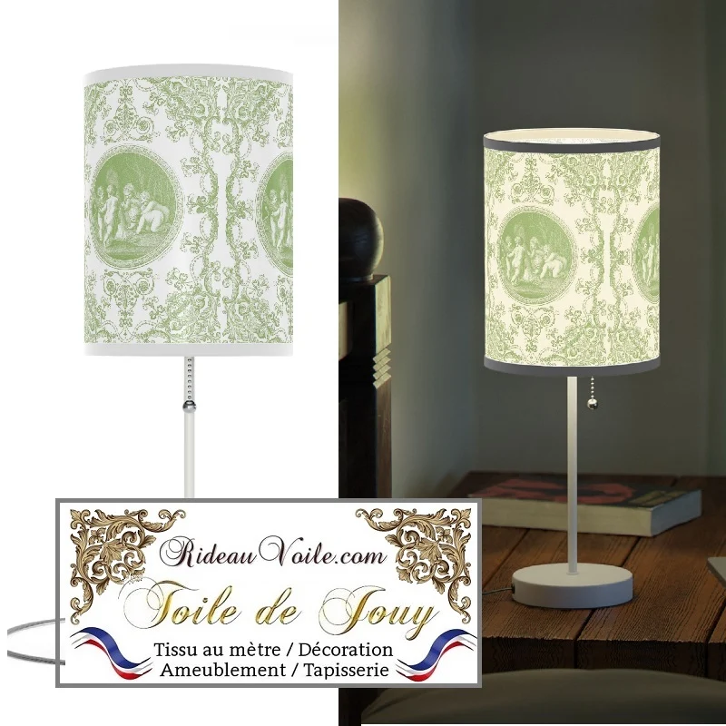 Tissu d'éditeur luxe Toile de Jouy Vert clair tilleul au mètre rideau voilage tapisserie