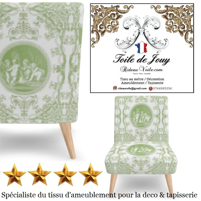 Tissu d'éditeur luxe Toile de Jouy Vert clair tilleul au mètre rideau voilage tapisserie