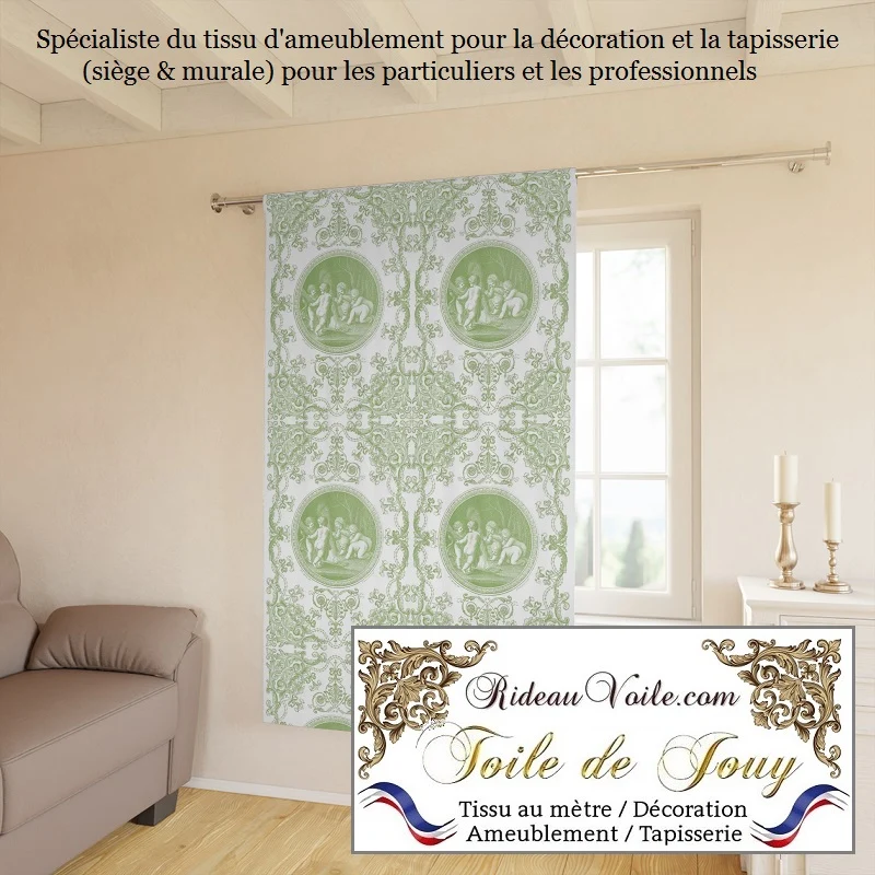 Tissu d'éditeur luxe Toile de Jouy Vert clair tilleul au mètre rideau voilage tapisserie