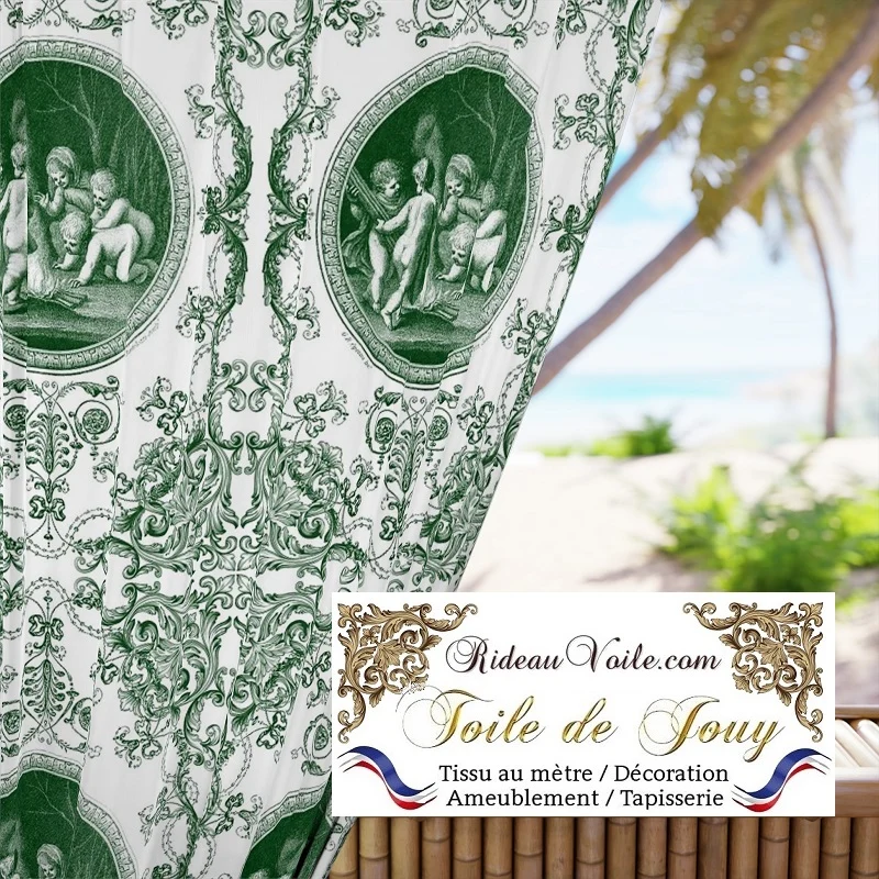 Tissu Toile de Jouy royale imprimé Vert Empire au mètre rideau voilage