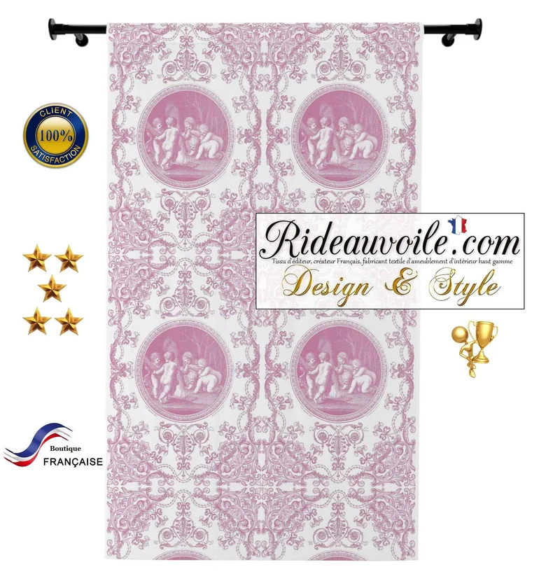 Tissu Toile de Jouy traditionnelle imprimé Rose au mètre rideau voilage