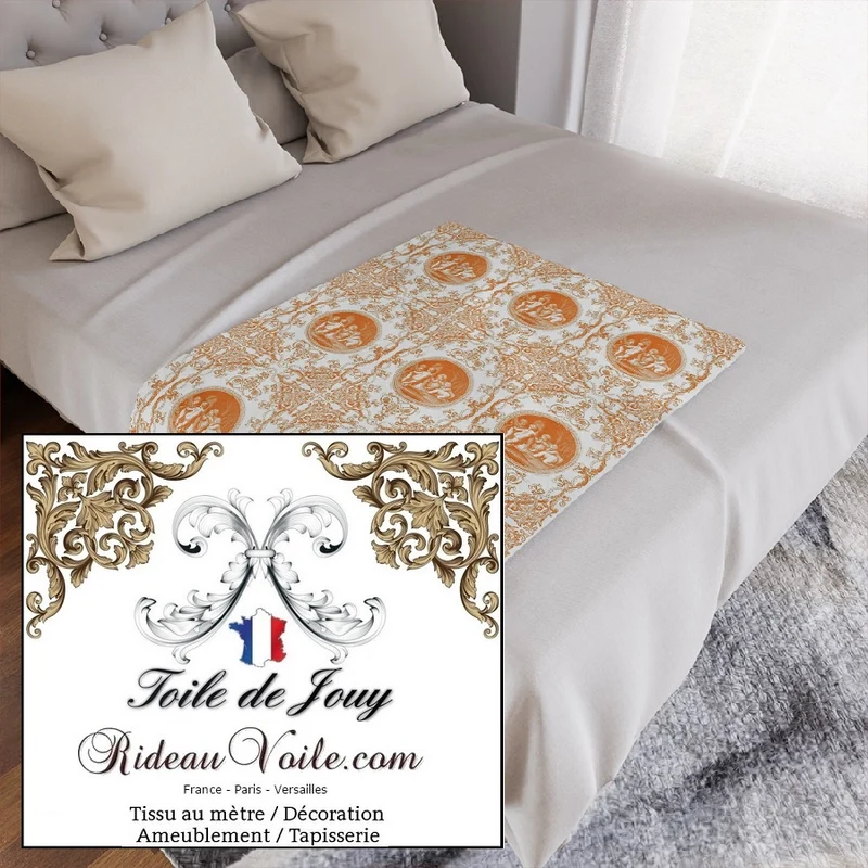 Tissu d'ameublement imprimé Toile de Jouy intemporelle orange au mètre