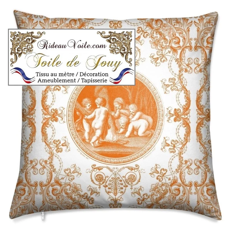 Tissu d'ameublement imprimé Toile de Jouy intemporelle orange au mètre