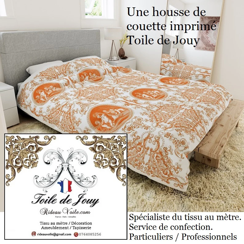 Tissu d'ameublement imprimé Toile de Jouy intemporelle orange au mètre