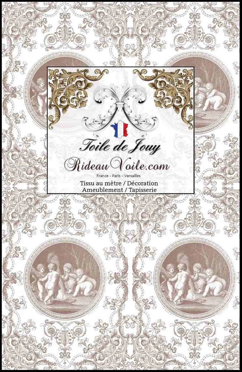 Vintage Patrimoine Tissu ameublement imprimé Toile de Jouy Beige brun mètre
