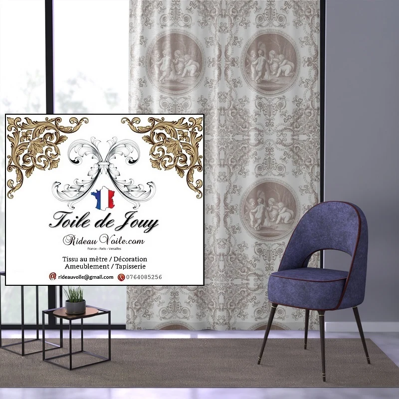 Vintage Patrimoine Tissu ameublement imprimé Toile de Jouy Beige brun mètre
