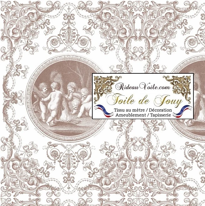 Vintage Patrimoine Tissu ameublement imprimé Toile de Jouy Beige brun mètre