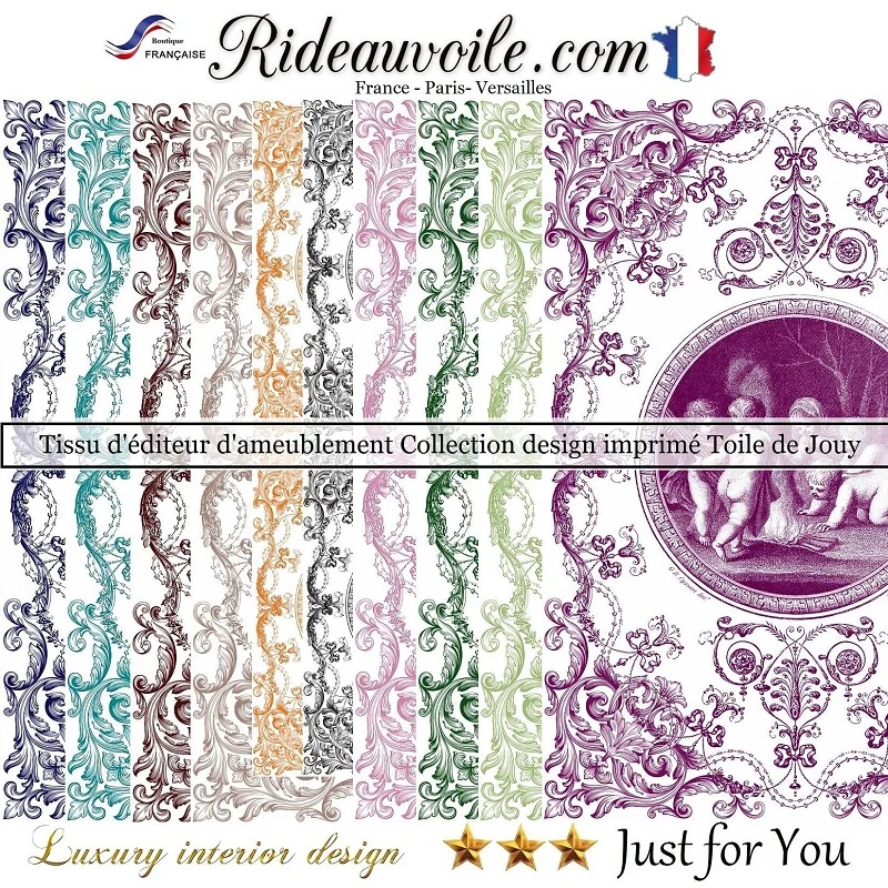 Vintage Patrimoine Tissu ameublement imprimé Toile de Jouy Beige brun mètre