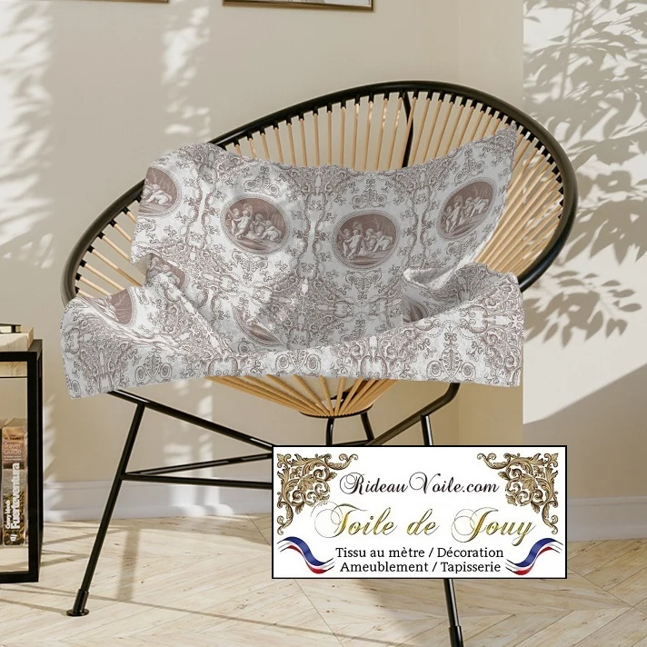 Vintage Patrimoine Tissu ameublement imprimé Toile de Jouy Beige brun mètre