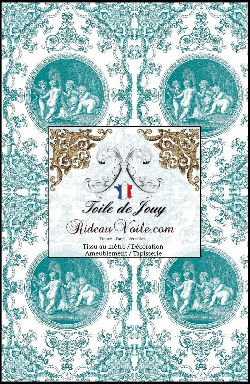 Tissu d'ameublement design Toile de Jouy imprimé vert aqua turquoise mètre