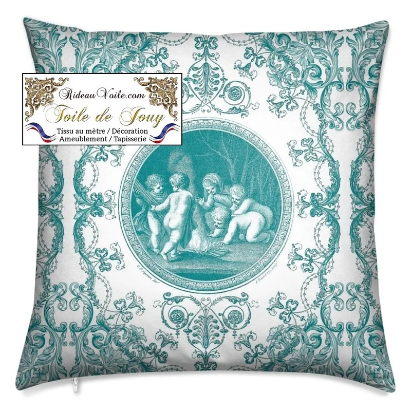 Tissu d'ameublement design Toile de Jouy imprimé vert aqua turquoise mètre