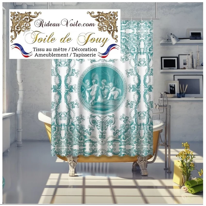 Tissu d'ameublement design Toile de Jouy imprimé vert aqua turquoise mètre