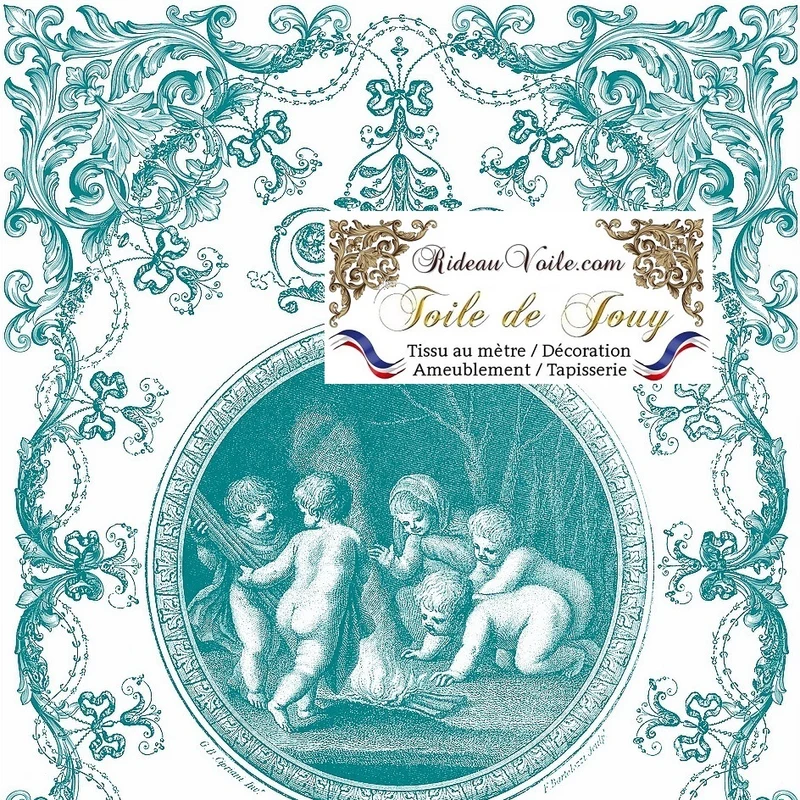 Tissu d'ameublement design Toile de Jouy imprimé vert aqua turquoise mètre