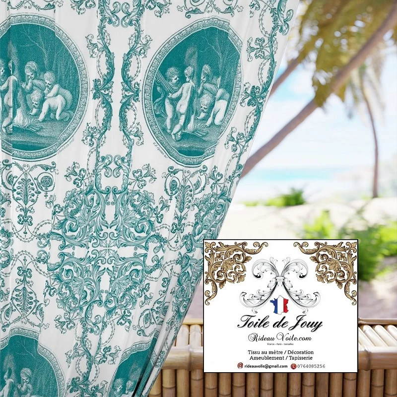 Tissu d'ameublement design Toile de Jouy imprimé vert aqua turquoise mètre