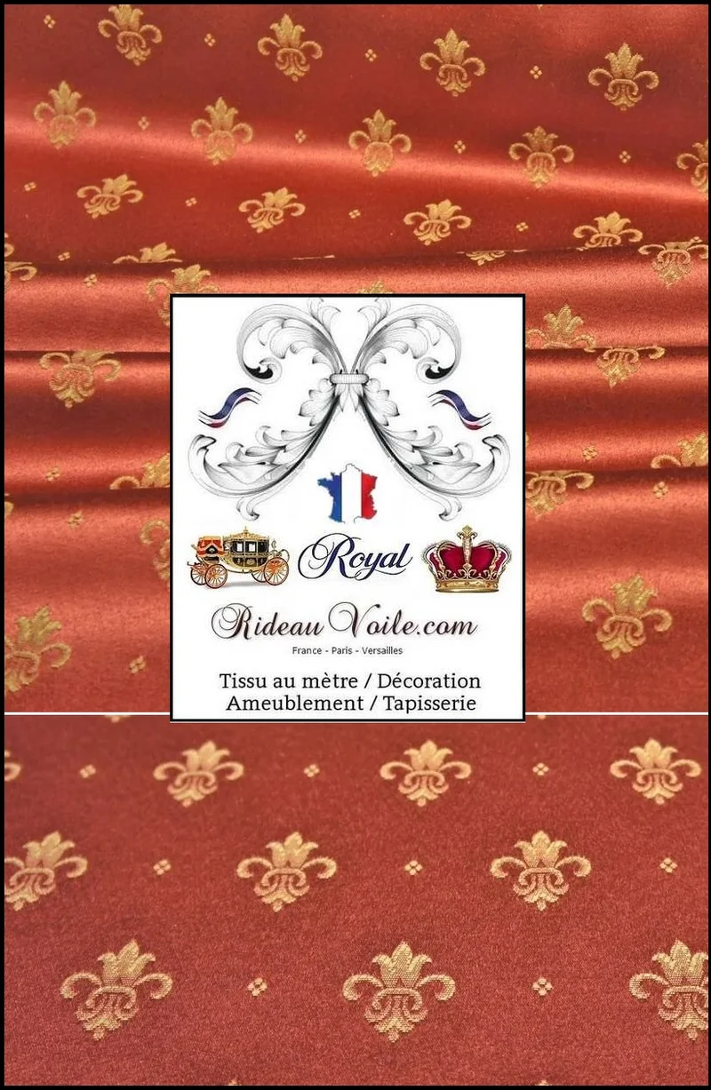 Tissu ameublement mètre Jacquard Damasco Rouge Or motif fleur de Lys mètre