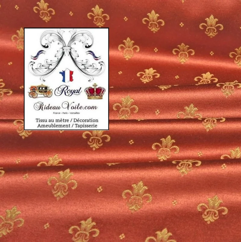 Tissu ameublement mètre Jacquard Damasco Rouge Or motif fleur de Lys mètre