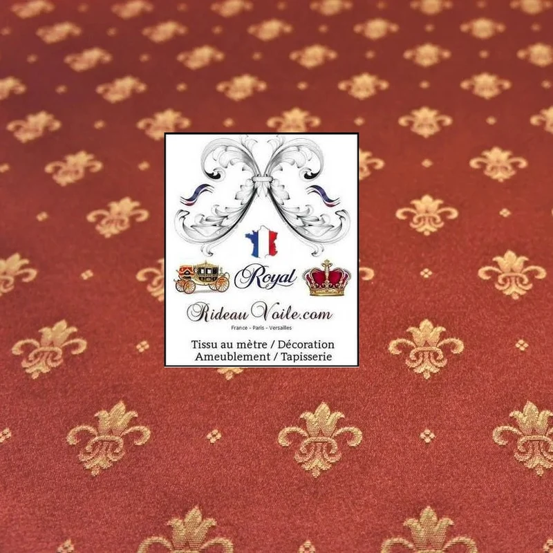 Tissu ameublement mètre Jacquard Damasco Rouge Or motif fleur de Lys mètre