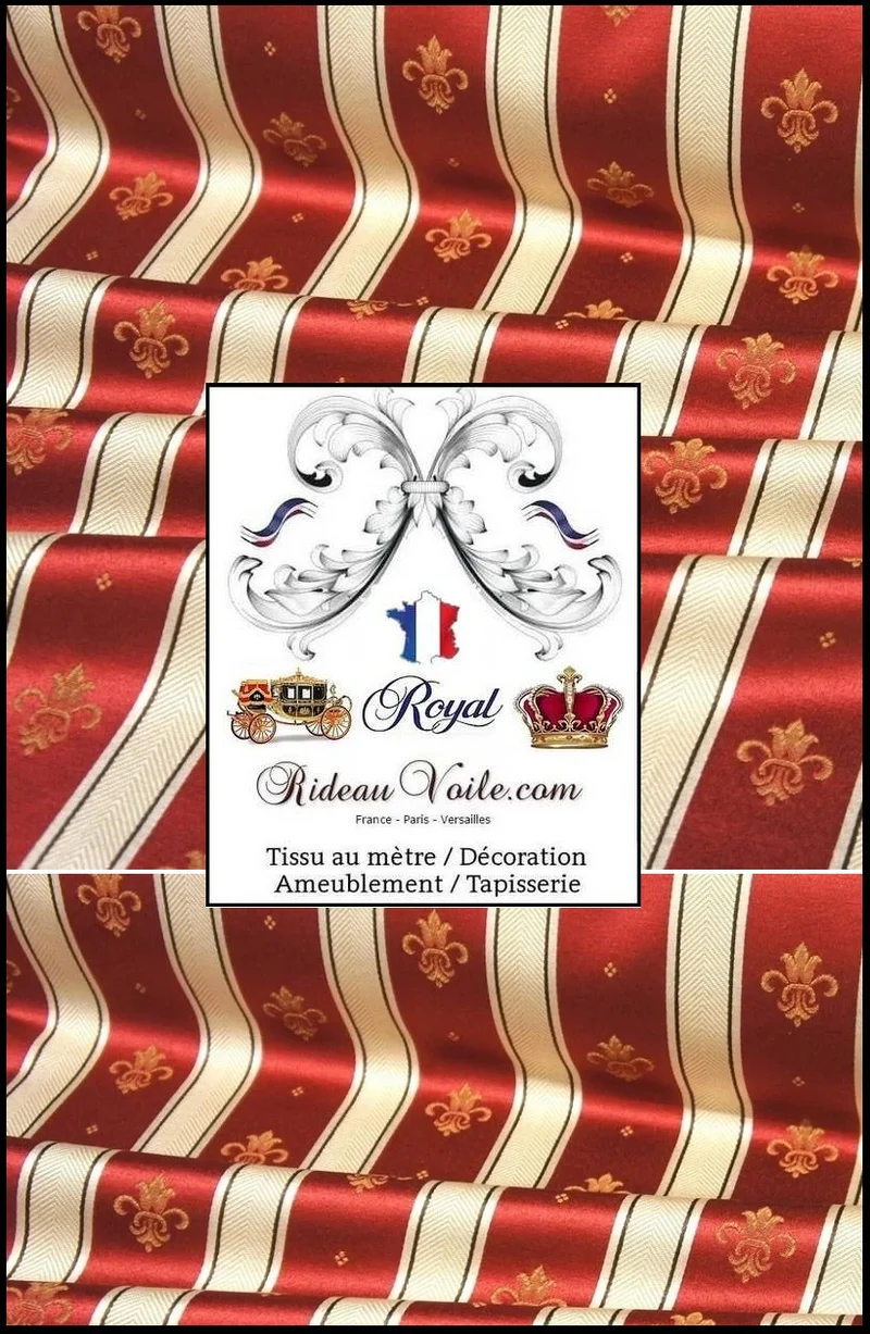 Tissu Jacquard mètre motif Fleur de Lys Empire Baroque Rouge rayure rideau