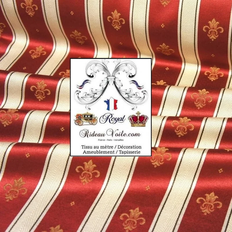 Tissu Jacquard mètre motif Fleur de Lys Empire Baroque Rouge rayure rideau