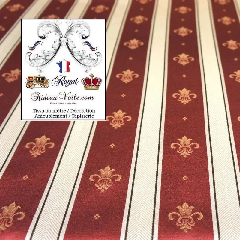 Tissu Jacquard mètre motif Fleur de Lys Empire Baroque Rouge rayure rideau
