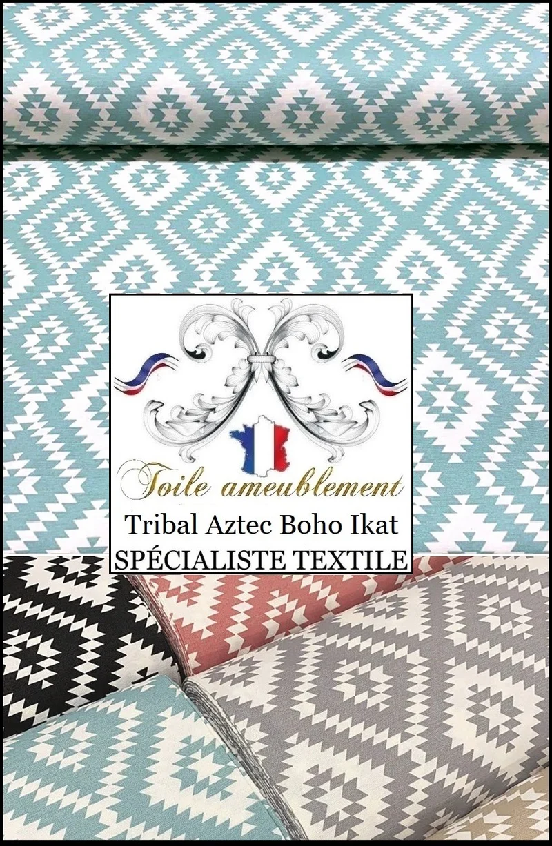 Toile coton déperlant imprimé bleu vert menthe design ethnique Boho Ikat mexicain mètre