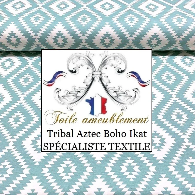 Toile coton déperlant imprimé bleu vert menthe design ethnique Boho Ikat mexicain mètre