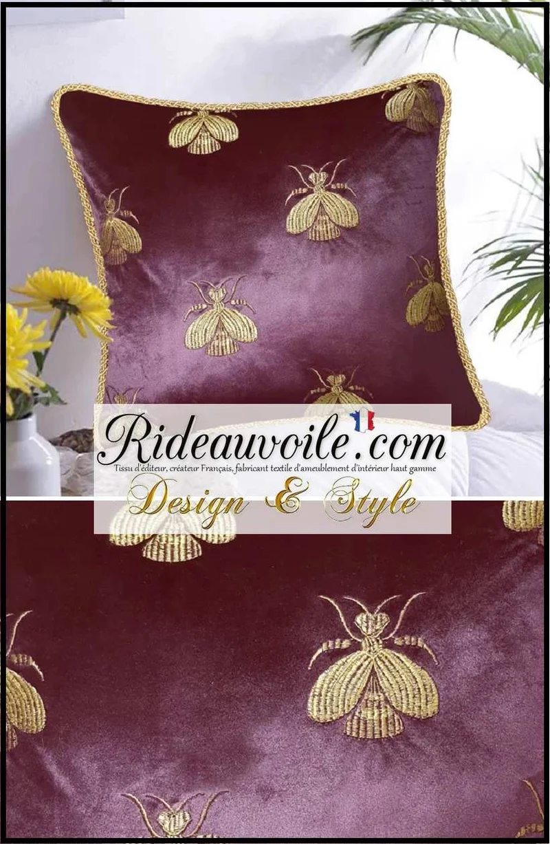 Housses Coussin d'intérieur velours rouge & broderie motif Abeilles galon Or accessoires