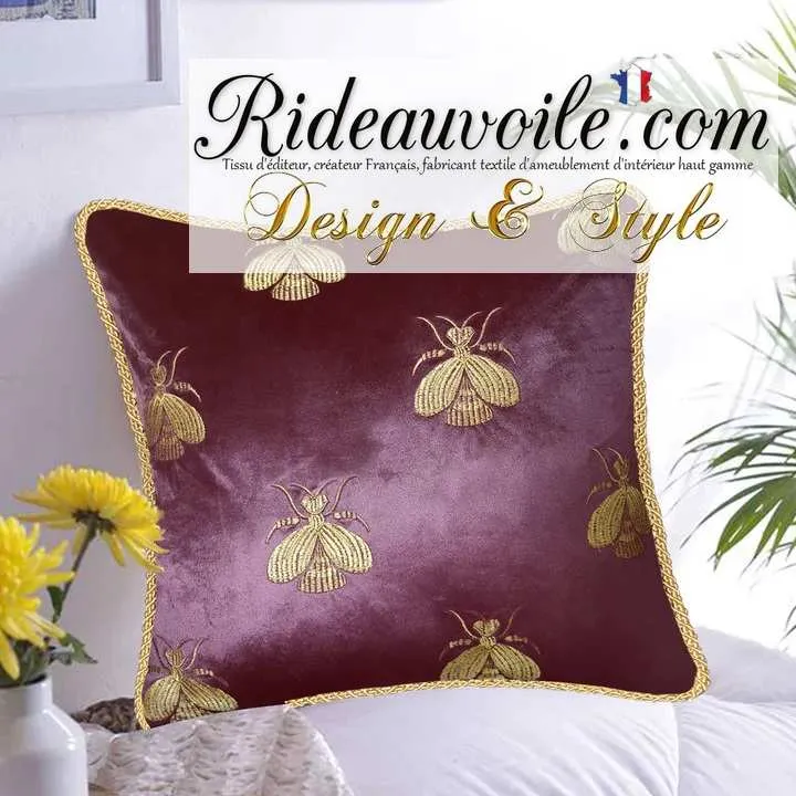 Housses Coussin d'intérieur velours rouge & broderie motif Abeilles galon Or accessoires