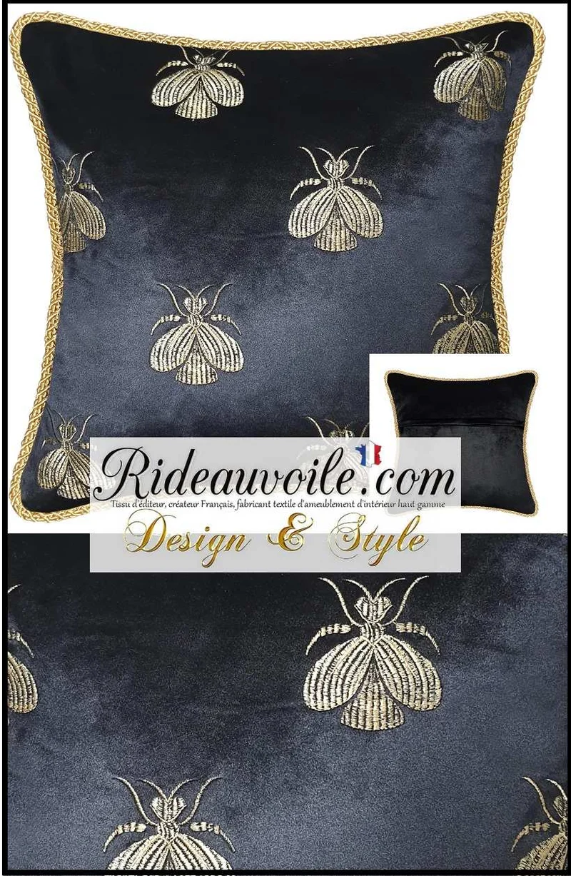 Housse Coussin velours d'ameublement noir broderie motif Abeilles galon Or canapé