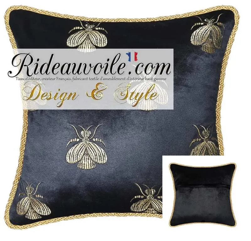 Housse Coussin velours d'ameublement noir broderie motif Abeilles galon Or canapé