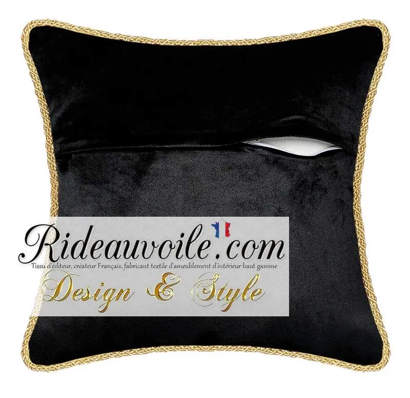 Housse Coussin velours d'ameublement noir broderie motif Abeilles galon Or canapé