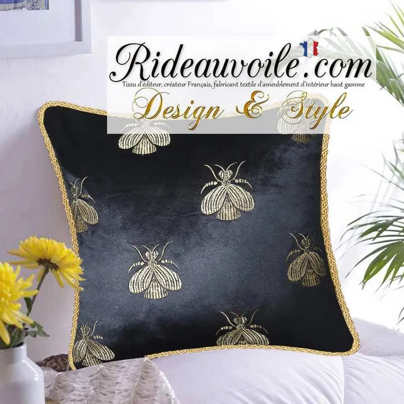 Housse Coussin velours d'ameublement noir broderie motif Abeilles galon Or canapé
