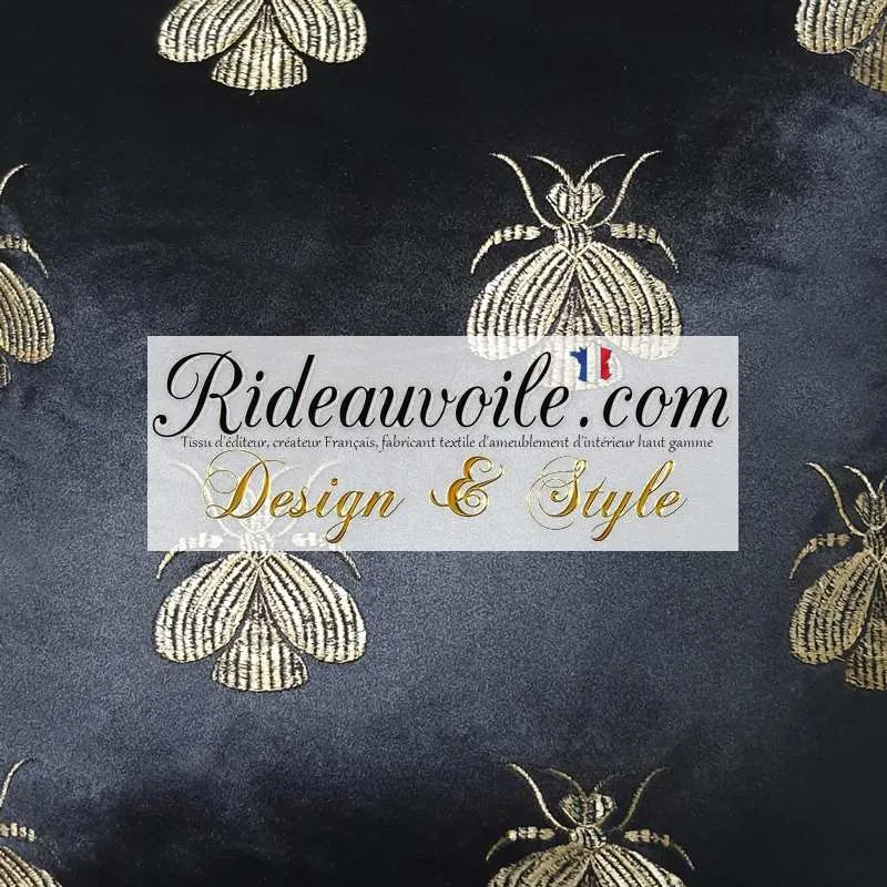 Housse Coussin velours d'ameublement noir broderie motif Abeilles galon Or canapé