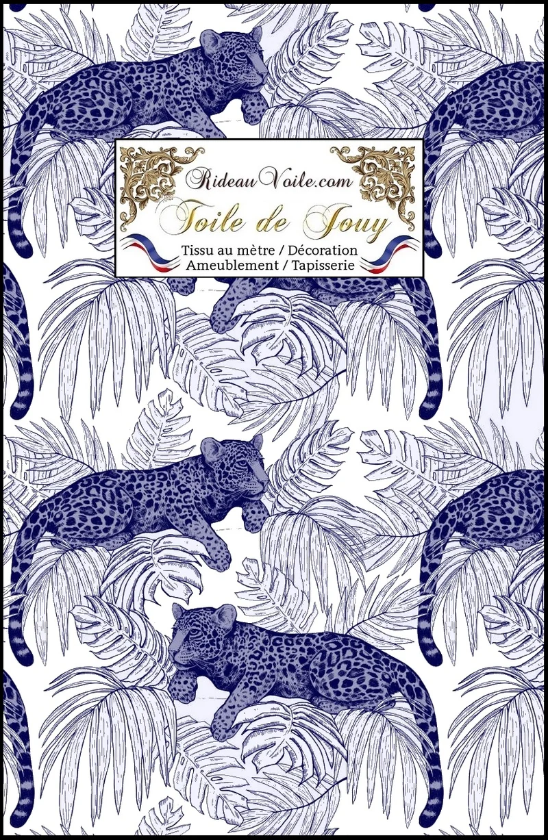 Toile de Jouy textile art bleu navy style tropicale jungle mètre rideau voilage